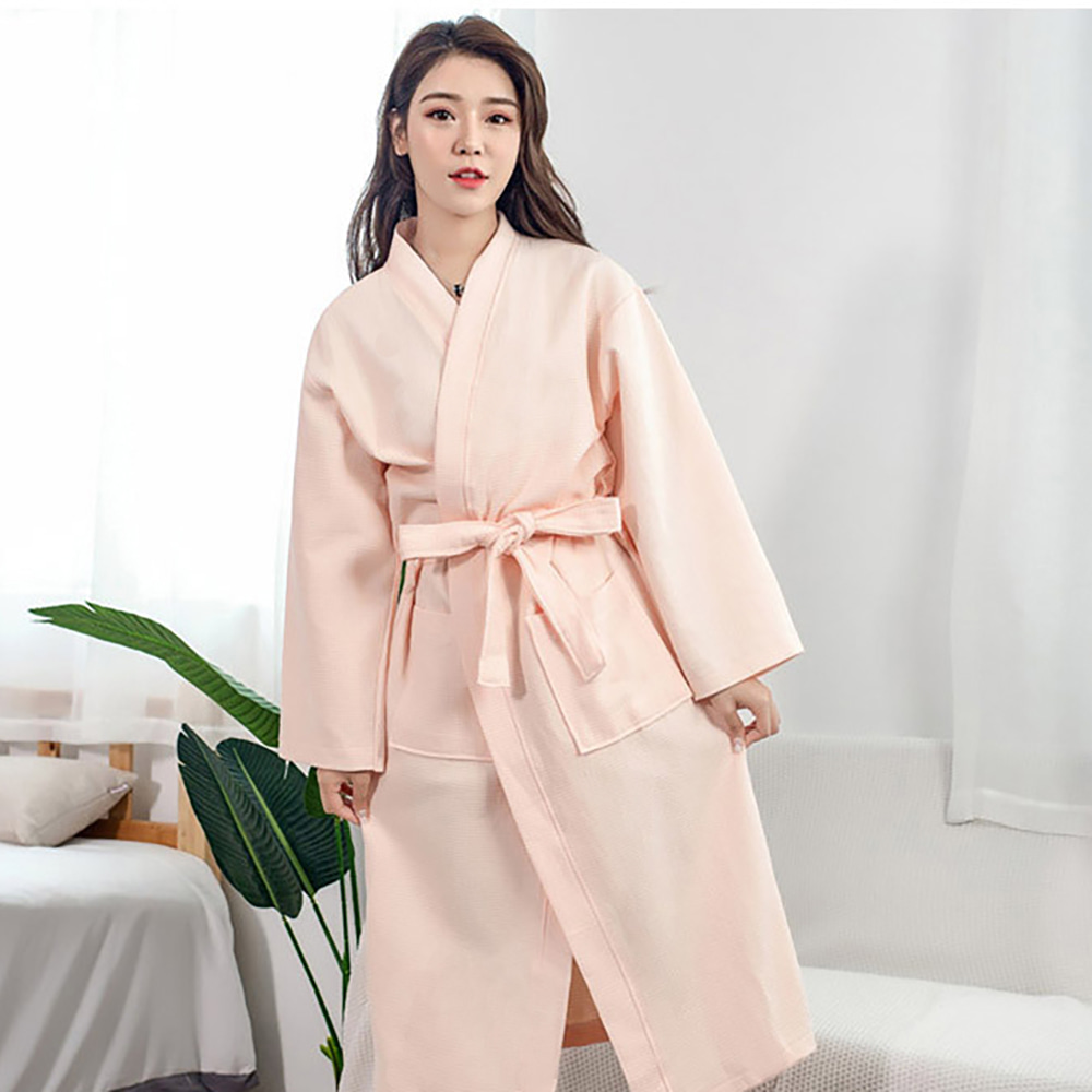 Pure Cotton Waffle Kimono Collar Gabardine Bathrobe